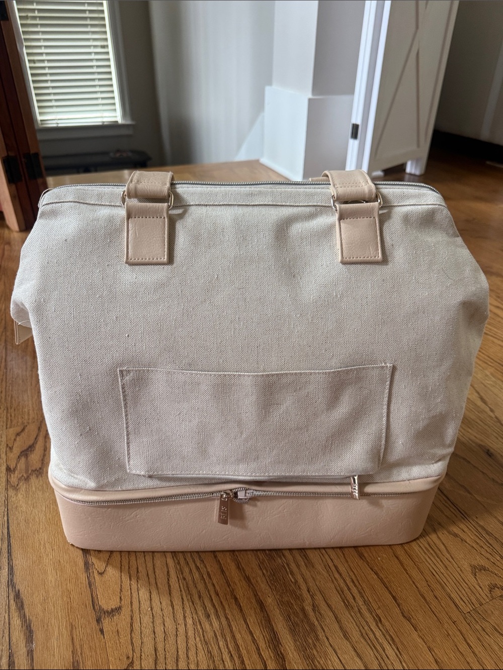 BEIS Cream and Tan convertible Mini Weekender Travel Bag